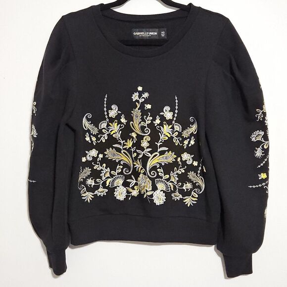 Tops - Gabrielle Union Sweatshirt XS Embroidered Long Sleeves Black Floral Paisley Boho